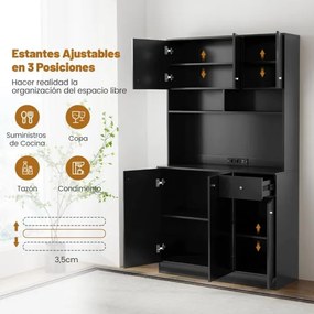 Armário de Cozinha / despensa 100 x 40 x 181 cm com tomadas elétricas, portas USB preto