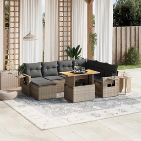 8 pcs conjunto sofás de jardim c/ almofadões vime PE cinzento