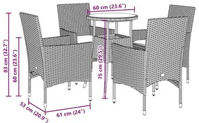 5 pcs conjunto jantar jardim c/ almofadões vime PE/acácia preto