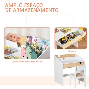 Secretária para Crianças de 3 e 6 Anos Conjunto de Mesa e Cadeira com Prateleira para Livros 70x50x75 cm Branco e Madeira