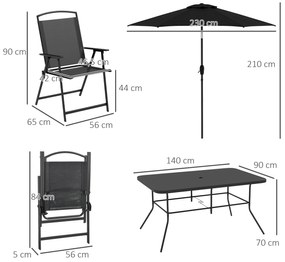 Conjunto de Jardim Refeição de 8 Peças com 6 Cadeiras Dobráveis Mesa e Chapéu de Sol Inclinável Preto