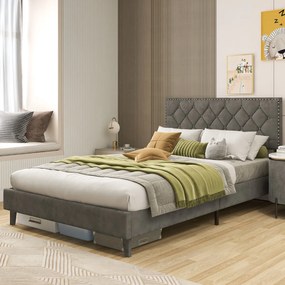 Estrutura de cama moderna com cabeceira estofada Botões de colchão Montagem fácil 200 x 140 cm Cinzento