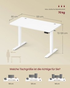Secretária elétrica 120 x 60 x (72-120) cm com função de memória, branca