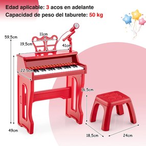 Piano Brincar para crianças de 3 anos Brinquedo eletrónico de piano de 37 teclas com microfone ajustável e suporte de música amovível Vermelho