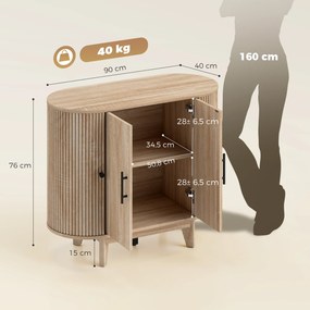 Aparador de sala, móvel de arrumação oval com 4 portas e prateleira ajustável, 90 x 40 x 76 cm, carvalho