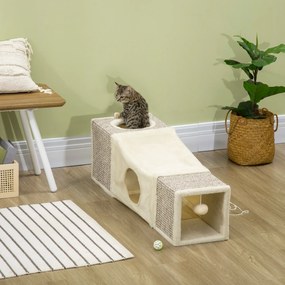 Túnel para gatos de interior, brinquedos para gatos com bola suspensa e várias entradas, em sisal, 98 x 30 x 30 cm, cor creme