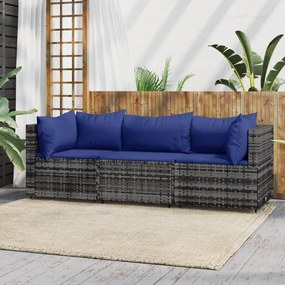 vidaXL 3 pcs conjunto lounge de jardim c/ almofadões vime PE cinzento