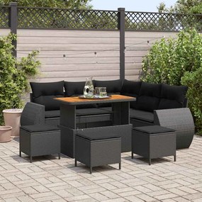 Conjunto Modular de Sofá de Jardim com Almofadas Preto Polirattan Acácia