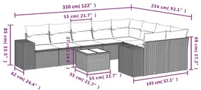10 pcs conjunto sofás de jardim c/ almofadões vime PE cinzento