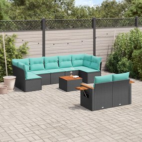 10 pcs conjunto de sofás p/ jardim c/ almofadões vime PE preto