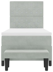 Cama Box Spring com Colchão &amp; Banco Cinza Claro 100x200 cm Veludo