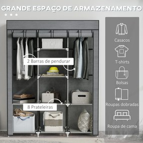 Guarda Roupa de Tecido Dobrável com 8 Prateleiras de Armazenamento e 2 Barras de Pendurar 125x43x162,5 cm Cinzento