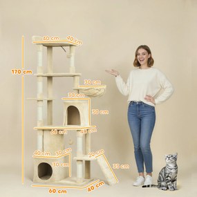 Arranhador para Gatos Grande com 7 Postes 1 Túnel 3 Plataformas 2 Cavernas 1 Rede 1 Poleiro 1 Rampa Pompons 60x40x170 cm Bege