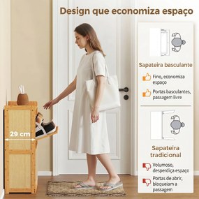Sapateira com 2 Compartimentos Basculantes Sapateira Estilo Bohemio Estreita com Prateleiras Ajustáveis para 12-14 Pares de Sapatos 69x29x83 cm Madeir