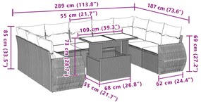 10 pcs conjunto sofás de jardim c/ almofadões vime PE preto