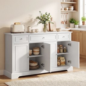 Aparador de sala 136 L x 38 P x 80 A cm, móvel de arrumação com 3 gavetas, 4 portas com fecho suave e prateleiras ajustáveis, branco