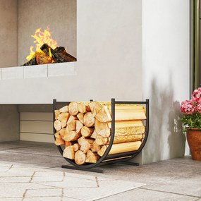 Porta-lenha curvo e robusto para interior e exterior, estrutura em metal, 43 x 33 x 38 cm, preto
