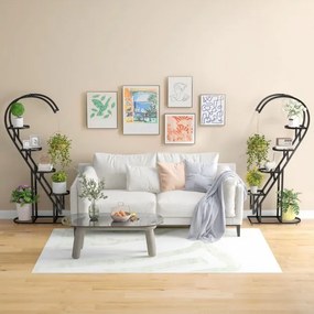 Conjunto de 2 suportes metálicos de 5 níveis para plantas com escada em forma de coração e gancho para pendurar 71 x 30,5 x 148 cm Pretos