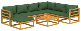 8 pcs conj. lounge jardim madeira c/almofadões verdes