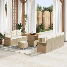 Conjunto de Sofá de Jardim de 10 Peças com Almofadas Bege Rattan PE Acácia