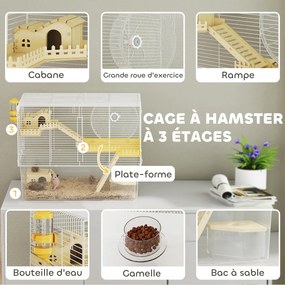 Gaiola para hamsters de 3 níveis, gaiola para roedores com roda de exercício, tabuleiro transparente e fundo, 59 x 35,5 x 47 cm, branca