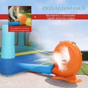 Castelo Insuflável para Crianças com Insuflador, Escorrega, Cama Elástica, Piscina e Aro de Basquetebol para Crianças dos 3 aos 8 Anos, Azul