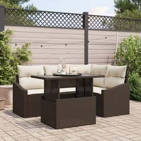 Conjunto de Sofá de Jardim de 5 Peças com Almofadas Castanho em Rattan