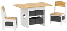 Mesa Infantil com 2 Cadeiras Mesa e Cadeiras para Crianças com 6 Gavetas de Tecido Desenho Estrelas Madeira e Branco