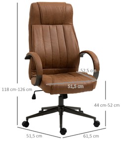 Cadeira de Escritório Ergonômica Giratória com Altura Ajustável Apoio para a Cabeça Apoio para o Braço e Encosto Acolchoado 61,5x52,5x118-126cm Marrom