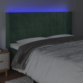 Cabeceira de cama c/ LED veludo 163x16x118/128 cm verde-escuro