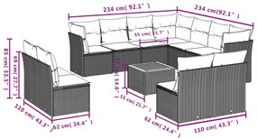 12 pcs conjunto de sofás jardim c/ almofadões vime PE cinzento