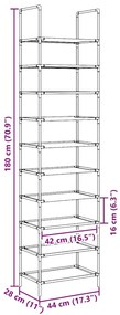 Sapateira 10 camadas 44x28x180 cm tecido não tecido preto