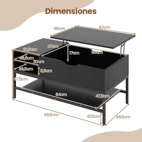 Mesa de centro elevável 99,5 x 49,5 x 47,5 cm com compartimento oculto com prateleira de armazenamento elevável Preta