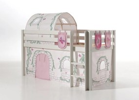 Conjunto Cama alta de Criança PINO 90 x 200 cm + estrado + escada + cortina +3 bolsas + túnel Passaros Branca