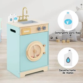 Máquina de Lavar para Crianças 40 × 30 × 75 cm com Detergente e Desinfetante para as Mãos com Pia, Gaveta e Rodas Giratórias Azul