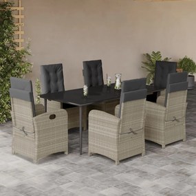 7 pcs conj. jantar p/ jardim c/ almofadões vime PE cinza-claro