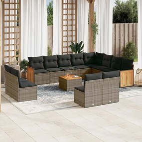 13 pcs conjunto sofás p/ jardim c/ almofadões vime PE cinzento
