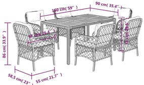 7 pcs conjunto de jantar p/ jardim c/ almofadões vime PE preto