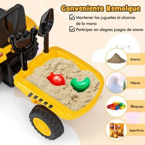 Escavadora andarilho para crianças licenciada com reboque amovível Pá de trator, ancinho, buzina, luzes LED Amarelo