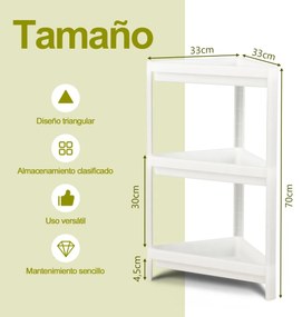 2 Prateleiras de canto removíveis para chuveiro de piso de 3 camadas para banheiro 33 x 33 x 70 cm branco