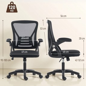Cadeira de escritório ergonómica 59,5 x 56 x 103 cm, cadeira de escritório em malha, braços rebatíveis, altura ajustável, preta