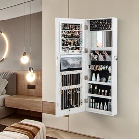 Armário para jóias com espelho LED 120 cm Luzes LED para espelhos 3 cores Espelho para maquilhagem e fecho magnético da porta Branco