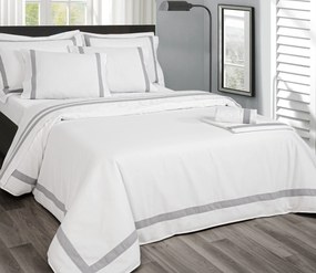 Jogo de lençóis 100% algodão branco penteado percal 200 fios: Branco / Cinza 1 lençol inferior não ajustável 240x290 cm + 1 lençol superior 240x290 cm + 2 fronhas 50x70 cm