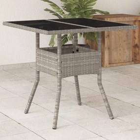 vidaXL Mesa jardim c/ tampo de vidro 80x80x75 cm vime PE cinza-claro