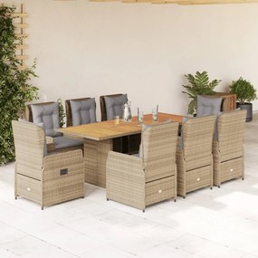 vidaXL 9 pcs conjunto de jantar p/ jardim com almofadões vime PE bege