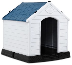 Casota de cão impermeável e ventilada e piso elevado para cães pequenos e médios Branco e azul 70 x 65 x 71,5 cm