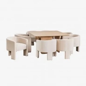 Conjunto De Mesa Quadrada 140x140 Cm Em Mdf E Chapa De Freixo Ginger E 8 Cadeiras De Jantar Veludo Xastru Natural - Sklum