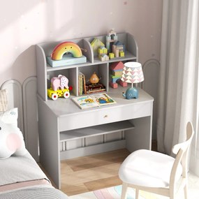 Secretária de Estudo em Madeira para Crianças 80 x 48 x 102 cm com Prateleiras Abertas e Gaveta Secretária Infantil com Cubos de Armazenamento Cinza