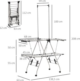Estendal de roupa dobrável com rodas, ampla área de secagem, aço inoxidável, 138,5 x 63 x 208 cm, prateado e preto
