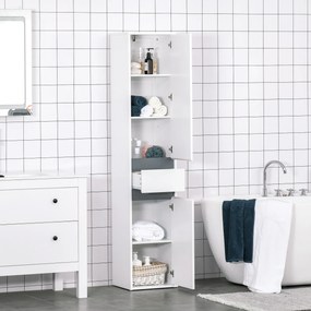 Móvel de coluna para arrumação na casa de banho, estilo contemporâneo, com 2 armários, 3 prateleiras e uma gaveta deslizante, em painéis de aglomerado